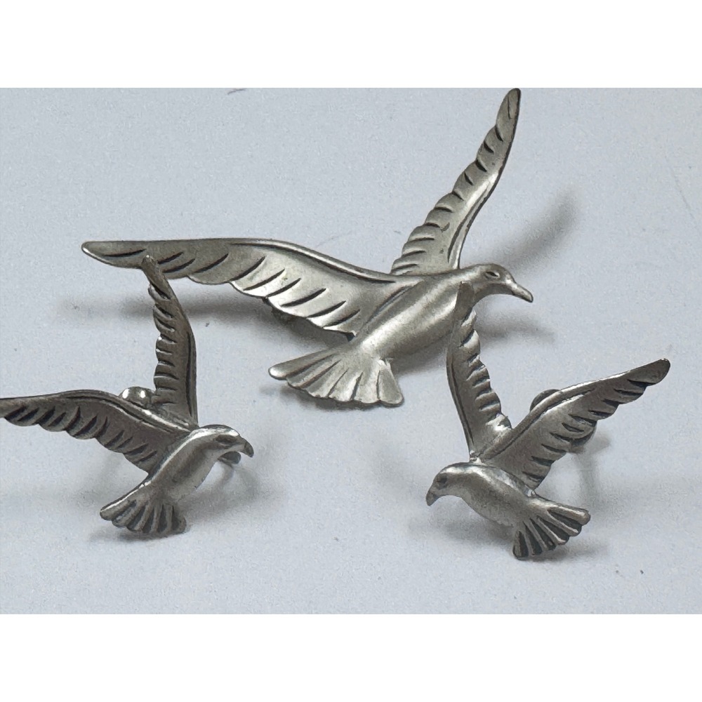 Beau sterling silver seagull parure brooch and screw‎ back earrings vintage EUC